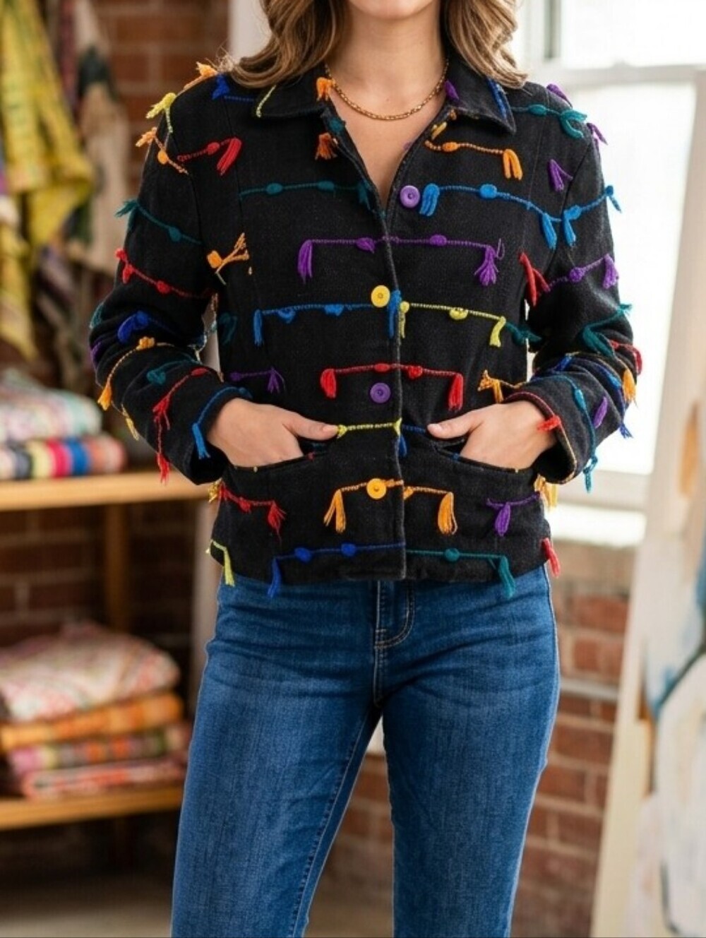 Kindred Spirit Black Jean Jacket with Multicolor Tassel Accents